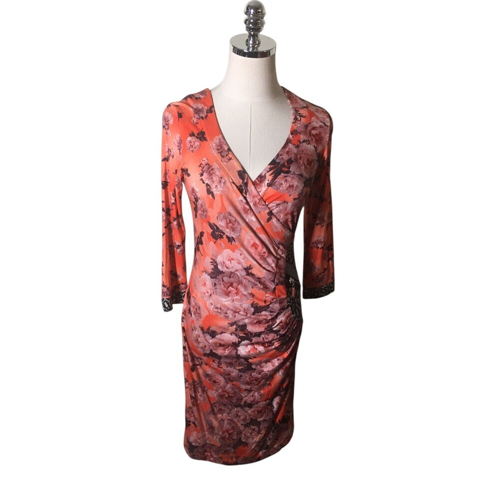 Eva Claudi Dress Women's Size Small Orange Pink Floral Long Sleeve V-Neck